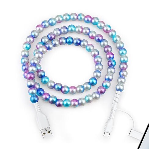 2 in 1 Charging Cable for iPhone Girls 3.3FT [MFi Certified] Fast Charger Cord Cute Pearl Beaded Phone Charging Cable for iPhone 16 15 14 13 12 11 Pro Max, for Galaxy S25 S24 S23 S22 in Kuwait