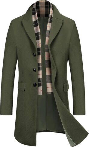 COOFANDY Men's Wool Blend Coat with Detachable Plaid Scarfs Notched Collar Single Breasted Pea Coat in Kuwait