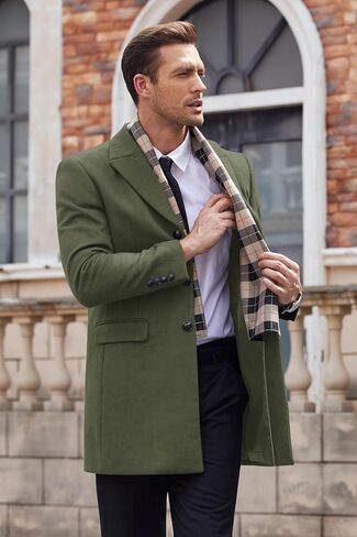 COOFANDY Men's Wool Blend Coat with Detachable Plaid Scarfs Notched Collar Single Breasted Pea Coat in Kuwait