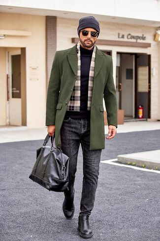 COOFANDY Men's Wool Blend Coat with Detachable Plaid Scarfs Notched Collar Single Breasted Pea Coat in Kuwait