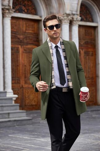COOFANDY Men's Wool Blend Coat with Detachable Plaid Scarfs Notched Collar Single Breasted Pea Coat in Kuwait
