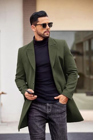 COOFANDY Men's Wool Blend Coat with Detachable Plaid Scarfs Notched Collar Single Breasted Pea Coat in Kuwait