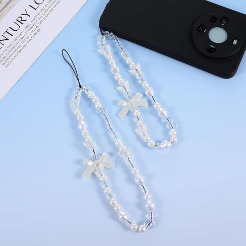 2 PCS الهاتف حزام المعصم المزيج عالمي لطيف الكاميرا معصم حزام لطيف سلسلة جمالية القوس الأبيض لؤلؤة حبل حبل مضاد لاندي in Kuwait