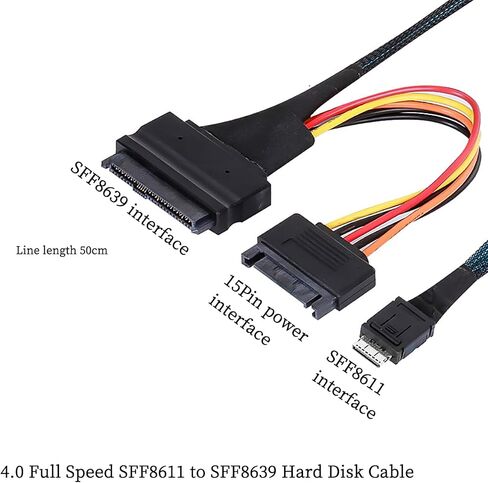 CAB861139 Mini SAS Oculink 4i to U.2 SFF-8639 Cable – PCIe 4.0 38Pin SFF-8611 to 8639 NVMe SSD Adapter 50cm for U.2 U.3 SDD - with 15-Pin SATA Power in Saudi Arabia