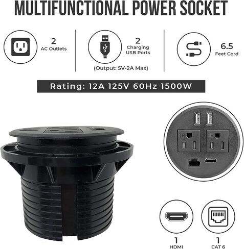 Round Round Desktop Conference Room Power Grommet Outlet ، يناسب 3 1/8 "-3 1/4" 2 (TR) AC ، 2 منافذ شحن USB ، 1 CAT 6 ، 1 HDMI ، ETL مدرجة (DC-8689-Black) in Kuwait