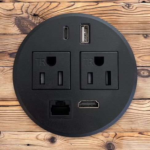 Round Round Desktop Conference Room Power Grommet Outlet ، يناسب 3 1/8 "-3 1/4" 2 (TR) AC ، 2 منافذ شحن USB ، 1 CAT 6 ، 1 HDMI ، ETL مدرجة (DC-8689-Black) in Kuwait