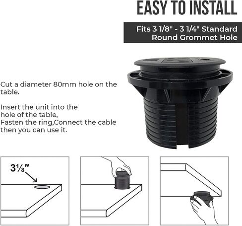 Round Round Desktop Conference Room Power Grommet Outlet ، يناسب 3 1/8 "-3 1/4" 2 (TR) AC ، 2 منافذ شحن USB ، 1 CAT 6 ، 1 HDMI ، ETL مدرجة (DC-8689-Black) in Kuwait
