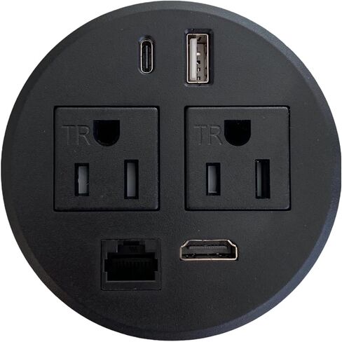 Round Round Desktop Conference Room Power Grommet Outlet ، يناسب 3 1/8 "-3 1/4" 2 (TR) AC ، 2 منافذ شحن USB ، 1 CAT 6 ، 1 HDMI ، ETL مدرجة (DC-8689-Black) in Kuwait