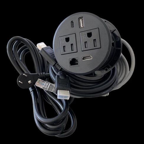 Round Round Desktop Conference Room Power Grommet Outlet ، يناسب 3 1/8 "-3 1/4" 2 (TR) AC ، 2 منافذ شحن USB ، 1 CAT 6 ، 1 HDMI ، ETL مدرجة (DC-8689-Black) in Kuwait