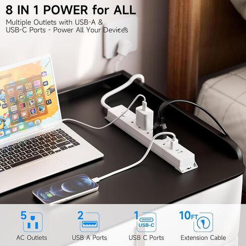 حامي ترجمة قطاع الطاقة مع منافذ USB ، سلك تمديد قابس مسطح 5 قدم ، 5 منافذ AC و 3 منافذ شحن USB ، قابلة للتركيب على الحائط ، ETL مدرجة - أبيض للمنزل ، المكتب ، النوم in Kuwait