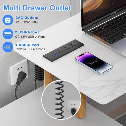 منفذ درج الأثاث (مدرج ETL) ، منافذ AC التصميم المقاومة للعبث ، شريط الطاقة المريح مع 3 PD 20W منافذ USB شحن سريع و 3 منافذ التيار المتردد ، سلك ربيع 5 أقدام (ما هو) in Saudi Arabia