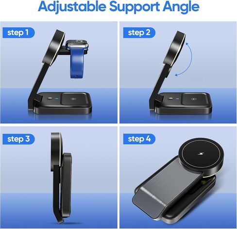 3 in 1 Wireless Charging Station for Apple Devices, Portable Mag-Safe Charger with Light, Charger Stand Compatible with iPhone 15/14/13/12 Series, Apple Watch, Airpods, (Black) in Saudi Arabia