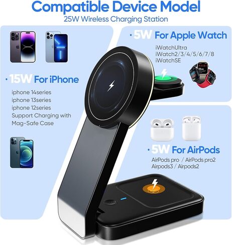 3 in 1 Wireless Charging Station for Apple Devices, Portable Mag-Safe Charger with Light, Charger Stand Compatible with iPhone 15/14/13/12 Series, Apple Watch, Airpods, (Black) in Saudi Arabia