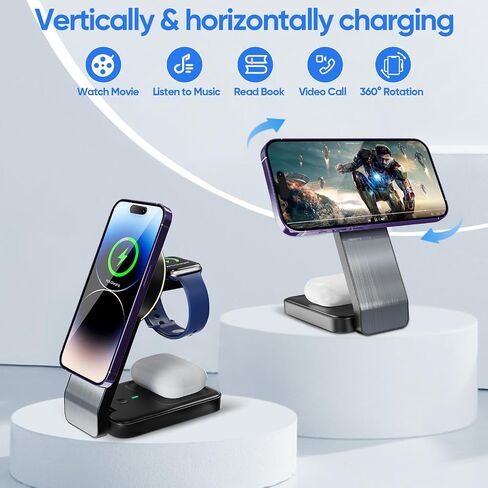 3 in 1 Wireless Charging Station for Apple Devices, Portable Mag-Safe Charger with Light, Charger Stand Compatible with iPhone 15/14/13/12 Series, Apple Watch, Airpods, (Black) in Saudi Arabia