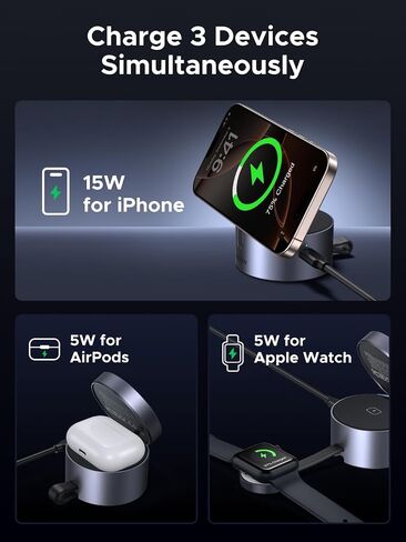 UGREEN Qi2 15W 3-in-1 Wireless Charger for iPhone 17/16/15/14/13/12 Series, Magnetic Foldable Charging Station for Apple Watch, AirPods, MagSafe Compatible Fast Charging Dock, Travel-Friendly Design in Saudi Arabia
