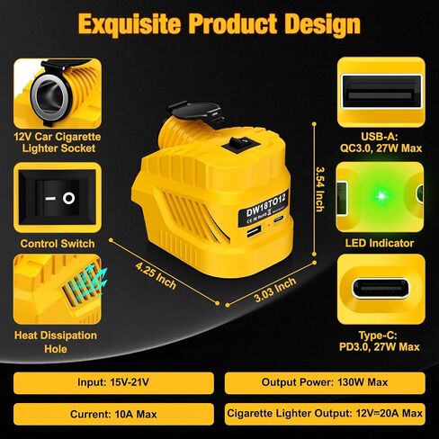 Car/Vehicle Refrigerator Power Supply for Milwaukee M18 18V Battery,Cigarette Lighter Interface,DC 12V Buck Converter Regulator,High Power 240W 20A,with USB A &Type C Port,for Golf Cart RC Car Truck in Saudi Arabia