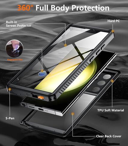 Temdan for Samsung Galaxy S23 Ultra Case Waterproof with Built-in Screen Protector 360 Full Body Shockproof Dustproof for Samsung S23 Ultra 5G Phone Case Heavy Duty Protective Black in Kuwait