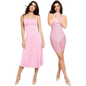 Popilush The Shapewear Dress Built in Bra Adjustable Straps Square Neck Summer Formal A-Line Slip Midi Dresses for Women