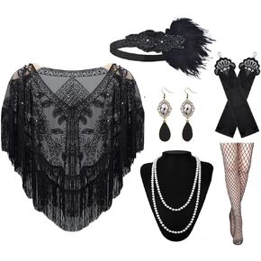 1920s Women‘s Shawl Wraps Sequin Beaded Shawls Flapper Evening Cape Feather Headpiece Pearl Necklace Earrings Long Gloves