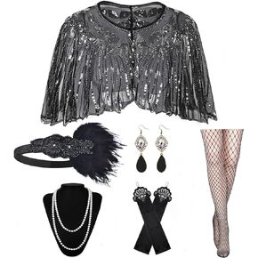 1920s Flapper Accessories for Woman,Sequined Shawl Wraps Feather Headpiece Pearl Necklace Earrings Long Gloves