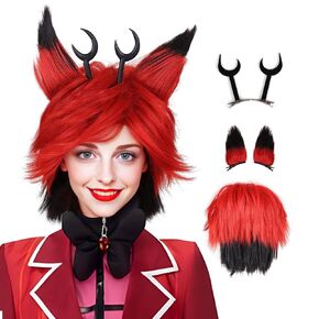 ColorGround Black and Red Wig with Horns Clips and Detachable Ears for Cosplay