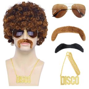 Afro Wig Men, 5pcs Set 70s Disco Wigs, 80s Costumes Curly Wig Disco Wig for Men with Glasses, Necklace, Mustache for Halloween Chrismas Cosplay Party