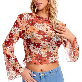 Floral Mesh Bell Sleeve Top of 70 s Tops for Women 70s Shirt Women Boho Disco Groovy Outift Dress Up