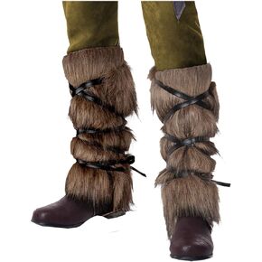 L'VOW Women Faux Fur Leg Warmers with Faux Leather Wrap Detail Brown Viking Fur Boot Covers Warrior Costume Accessory