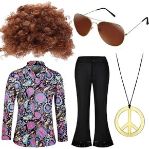 Wiooffen 5 Pcs Men 70s Disco Costumes Hippie Costume Retro Shirt Bell Bottom Pants Wig Sunglasses Necklace for Disco Party