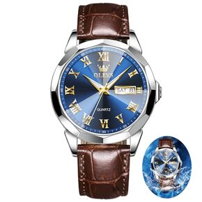 OLEVS Men's Chronograph Quartz Watches, Leather Strap Gold Case with Day Date, Waterproof Stainless Steel Wrist Watch, Luminous Hand Analog Watches for Men, Brown/Black/Blue/White Dial