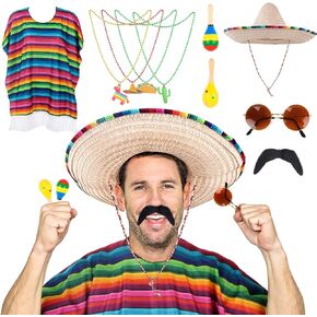 مجموعة أزياء الحفلات المكسيكية فييستا مكونة من 10 قطع من إكسسوارات أزياء سينكو دي مايو وقبعات سومبريرو وقبعات سيراب بونشو وهمية وشارب مكبرة وقلادة ماراكاس خشبية للخامس من مايو للنساء والرجال والبالغين in Kuwait