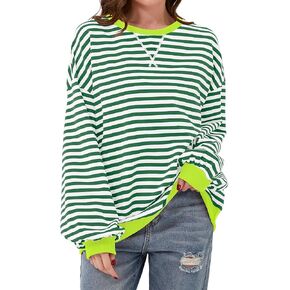 Striped Shirt Women Oversized Sweatshirt Color Block Long Sleeve Crew Neck Sweatshirt Loose Pullover Shirt Top