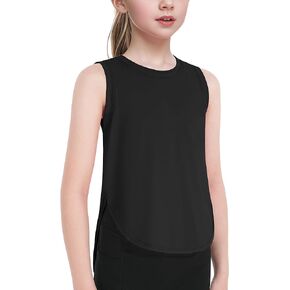 Girls Athletic Tank Tops Dry Fit Performance Top Split Curved Hem Sleeveless Shirts for Gym Yoga Running
