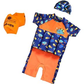 Floating Swimsuits for Kids Toddlers, Orange and Blue Color with Swimming Cap and Inflatable Arm Ring