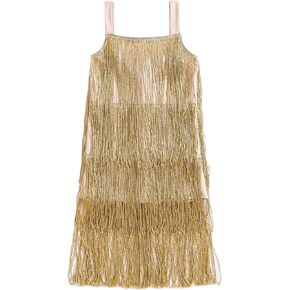 Little Kids Girls Sparkly Tassels Dress Sleeveless Square Neck Sequin Fringe Layer Zip Back Summer Party Latin Dresses