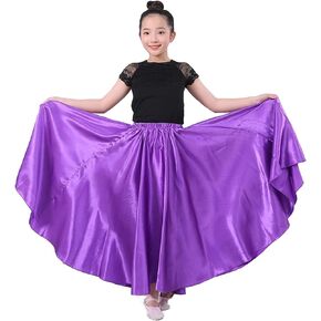 Girls Satin Full Circle Ankle Length Swing Long Skirt Belly Dance Performance Costume for School Children 8-12 Years