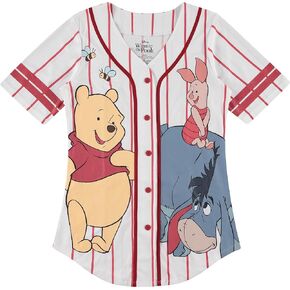 Disney Ladies Pooh Baseball Jersey - Vintage Winnie The Pooh Mesh Button Down Baseball Jersey - Winnie, Eeyore, Piglet Jersey