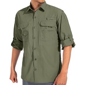 linlon Mens Safari Shirts Long Sleeve UV Protection Hiking Fishing UPF 50+ Quick Dry Cooling Camping Travel Shirts