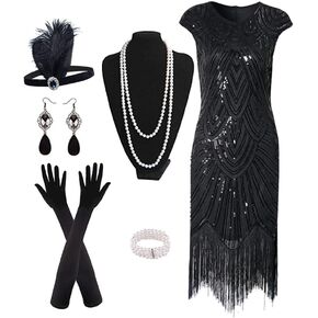 1920s Vintage Flapper Dresses Sequin Beaded Fringed Cocktail Dress with 20s Accessories Set
