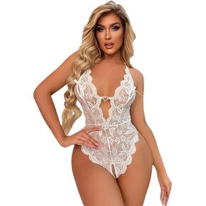 Women's Sexy Floral Lace Deep V Neck Harness Lingerie Bodysuit One Piece Teddy Babydoll Nightgown for Women
