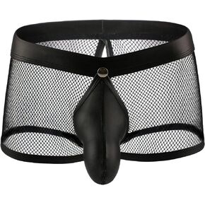 ohyeahlady Sexy Mens Underwear With Pu Leather Button Removable Pouch Mens Lingerie Mesh Boxer Briefs Trunks Underpants
