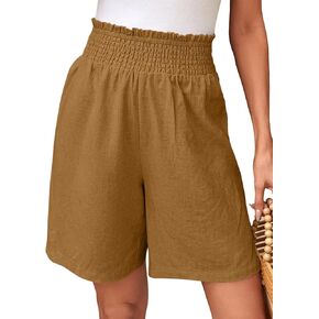 EVALESS Womens Linen Shorts Casual Smocked Elastic Waist Summer Beach Bermuda Shorts