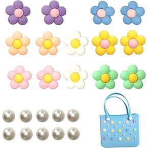 24 Pcs Charms for Bogg Bag,Accessories Charms for Bogg Bag,Pearls and Colorful Flowers for Bogg Bag Accessories,Inserts Accessories for Girls Handbag Beach Bag.