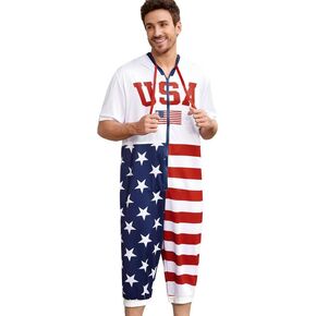 Mens 4th of July Rompers American Flag Onesie Short Sleeve Zipper Outfits with Pocket