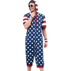 Mens 4th of July Rompers American Flag Onesie Short Sleeve Zipper Outfits with Pocket