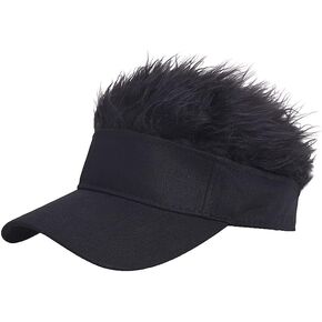 Novelty Hair Visor Cap with Peaked Wig Adjustable Baseball Hat with Hair Black