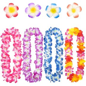 Waipfaru 8 Pcs Hawaiian Leis Set, Hawaiian Leis for Luau Party, Hawaiian Leis for Adults, Flower Leis with 4 Flower Hair Clip for Hawaiian Accessories, Party Favors, Wedding, Beach (4 Colors)