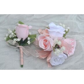 Prom Rose Corsage and Boutonniere Set Artificial Rose Wedding Corsage Flowers Prom Party Suit Decoration (Creamy White) in Saudi Arabia