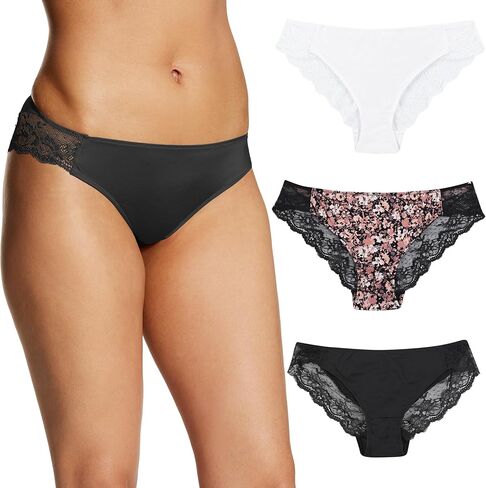 حزمة Maidenform Tanga، ملابس داخلية خلفية، سراويل داخلية من الدانتيل صفيق للنساء، 3 عبوات in Kuwait