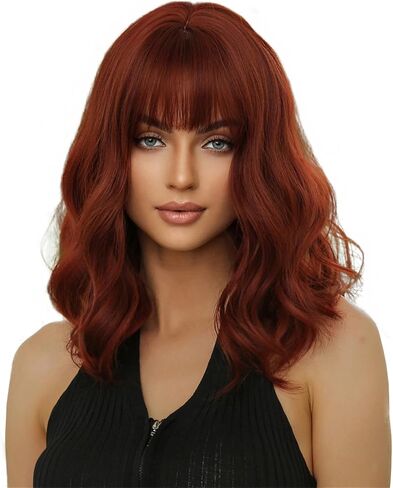 Aimole Wavy Red Wig with Bangs Shoulder Length Wigs Natural Looking Heat Resistant Synthetic Hair for Daily Use (Red) in Saudi Arabia